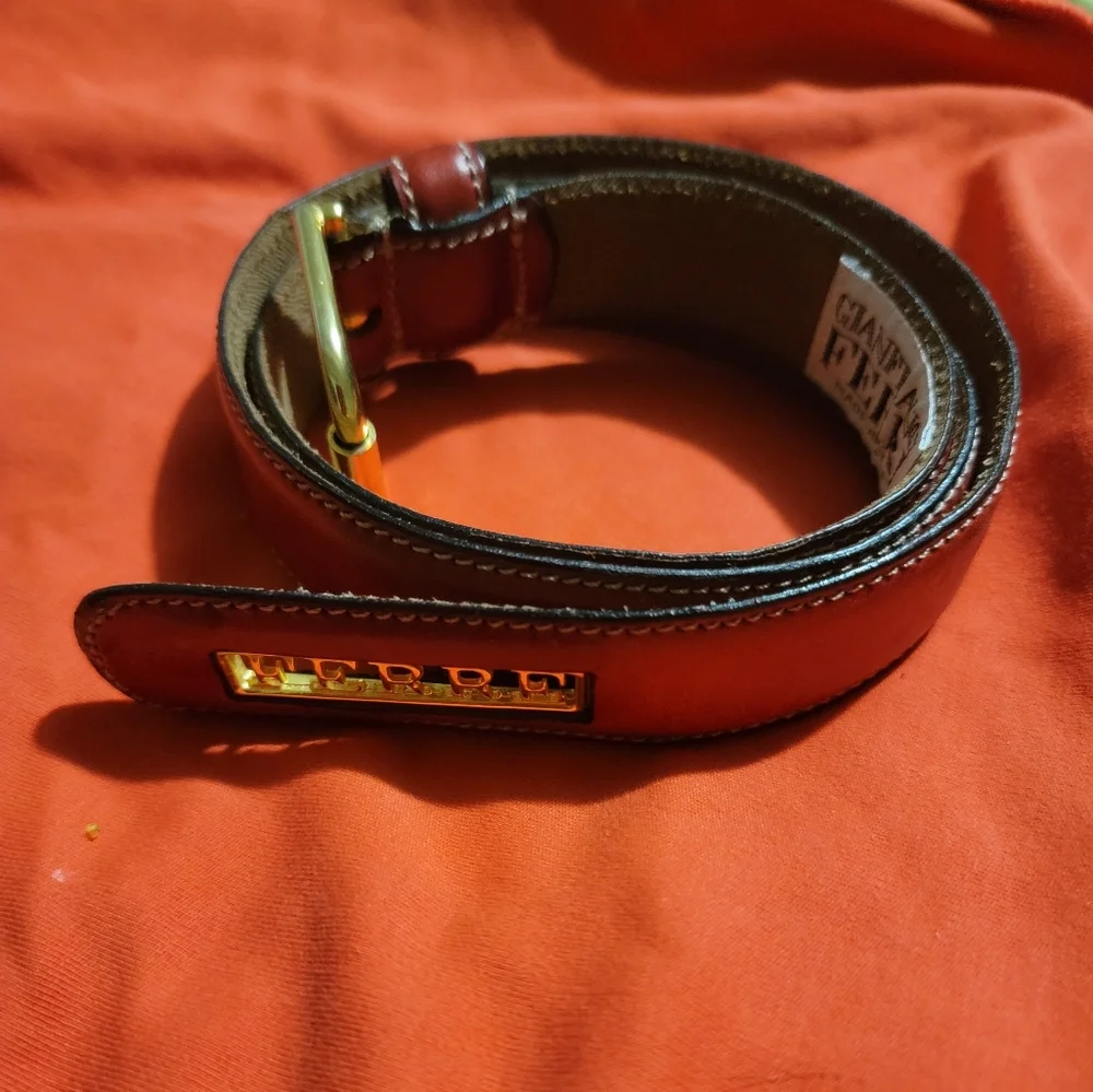 Gianfranco Ferre Red Leather Belt with Gold Accents - Picture 2 of 9